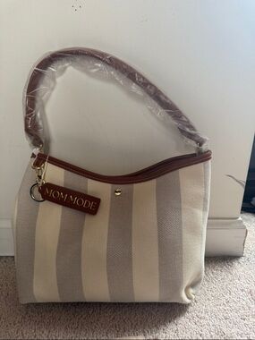MCM Mode Striped Canvas Tote Bag in Beige and Brown with removable strap